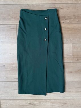 Babaton Dark Green Asymmetric Button-Front Pencil Skirt